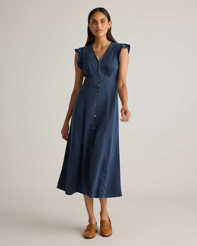 Midnight Blue Vintage Wash Tencel Button Front Midi Dress