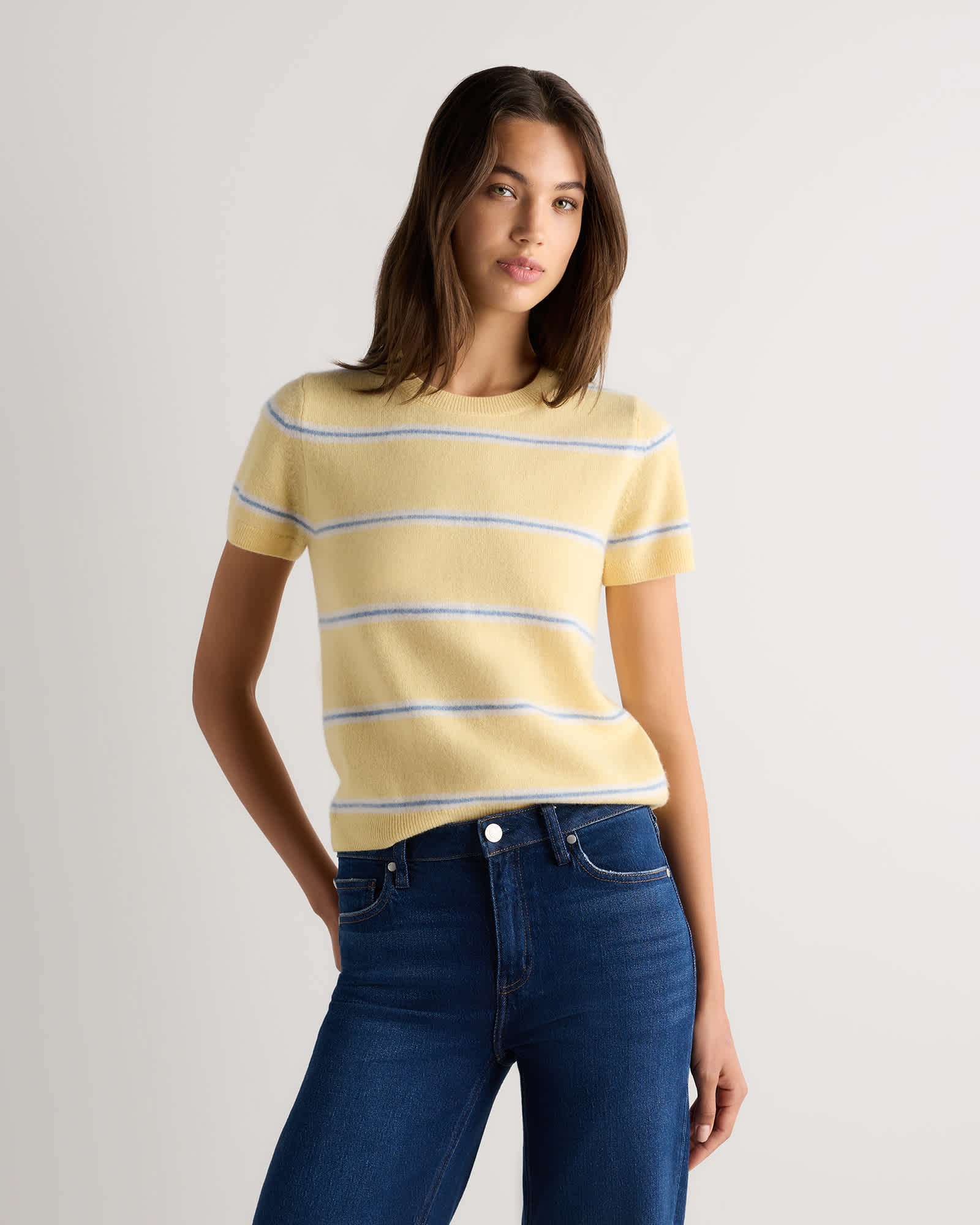 butter-yellow-/-faded-denim-variegated-stripe Mongolian Cashmere Tee