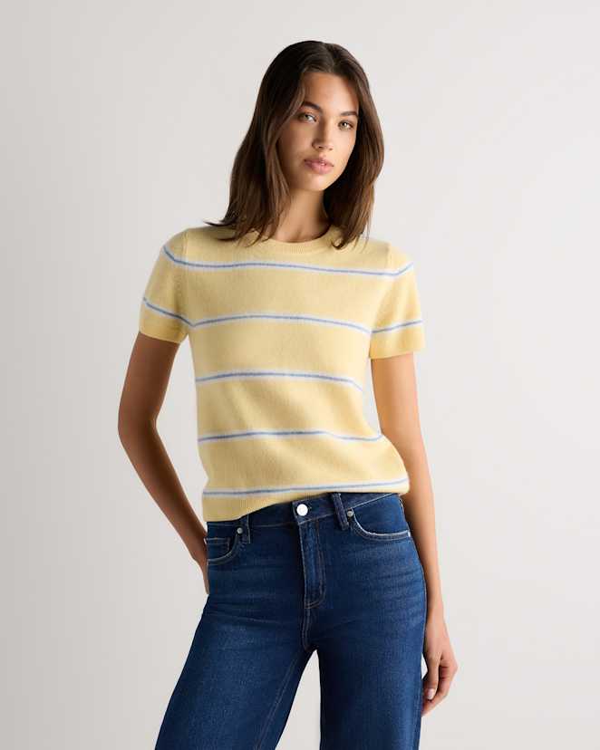 Butter Yellow / Faded Denim Variegated Stripe Mongolian Cashmere Tee