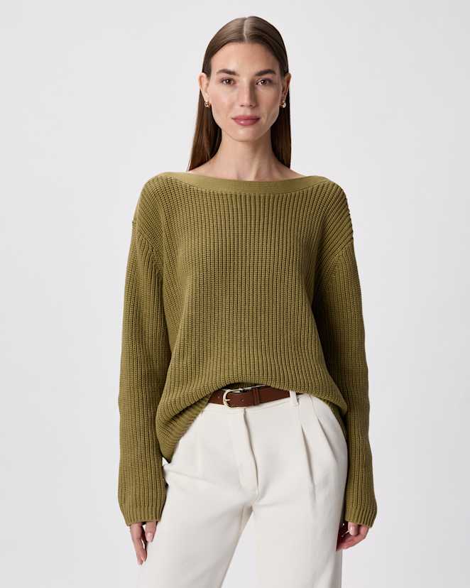Herb Green Pull style pêcheur en coton biologique à 100 % à col bateau