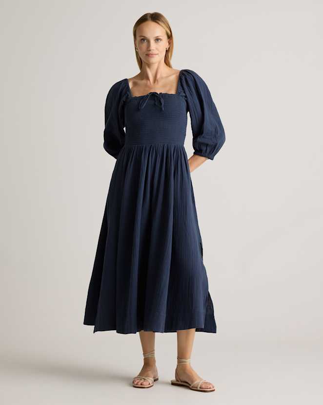 Indigo Blue 100% Organic Cotton Gauze Smocked Square Neck Midi Dress