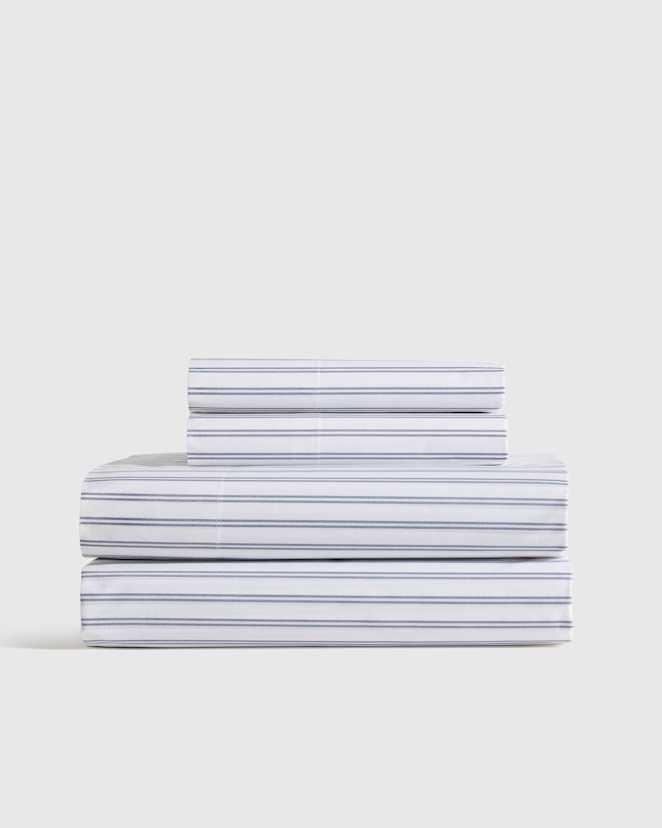 White/Mineral Organic Crisp Percale Double Stripe Sheet Set