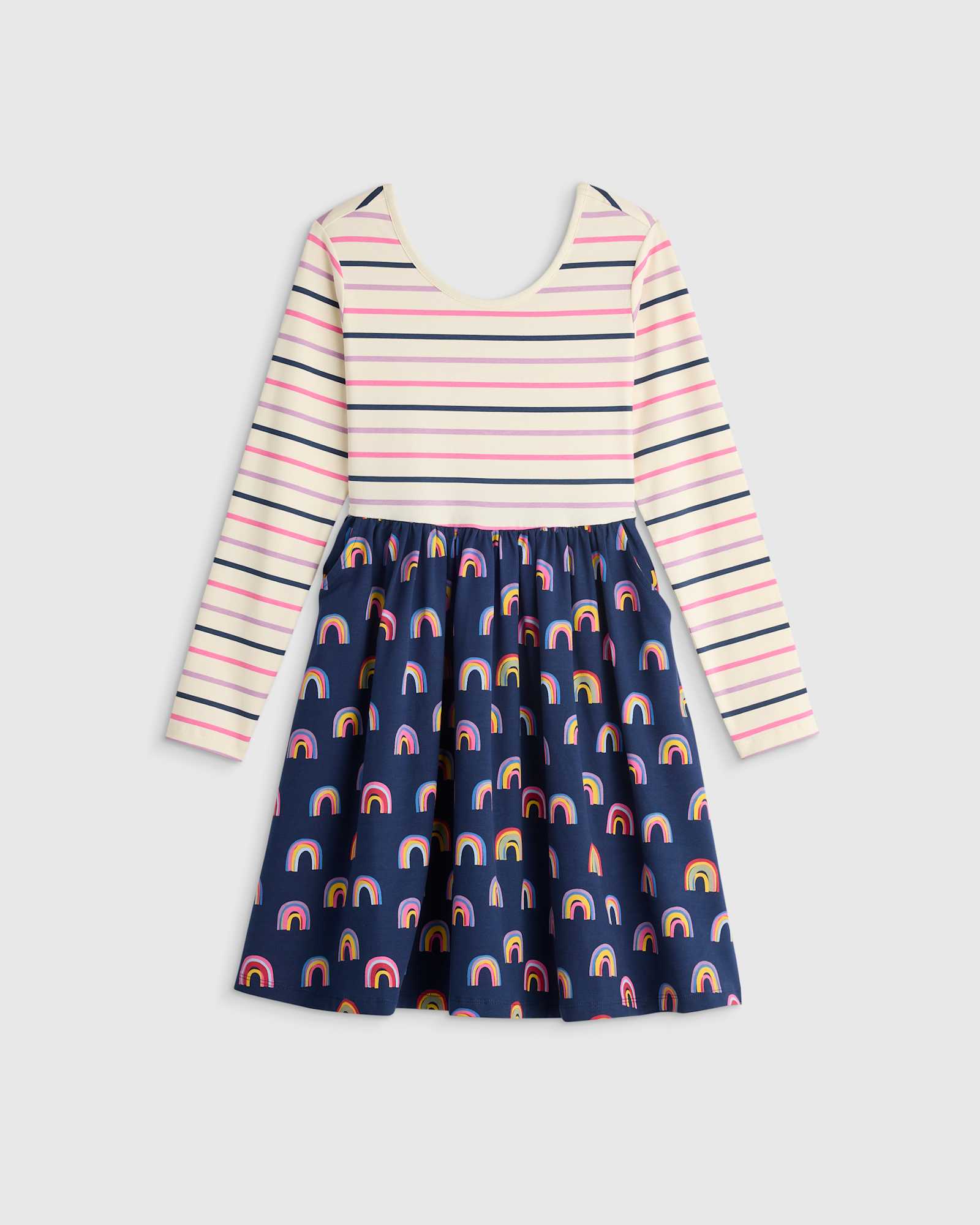 U--371 KID Organic Cotton Long Sleeve Skater Dress - Kid Girl Multi Stripe Rainbows 16183 CROPPED