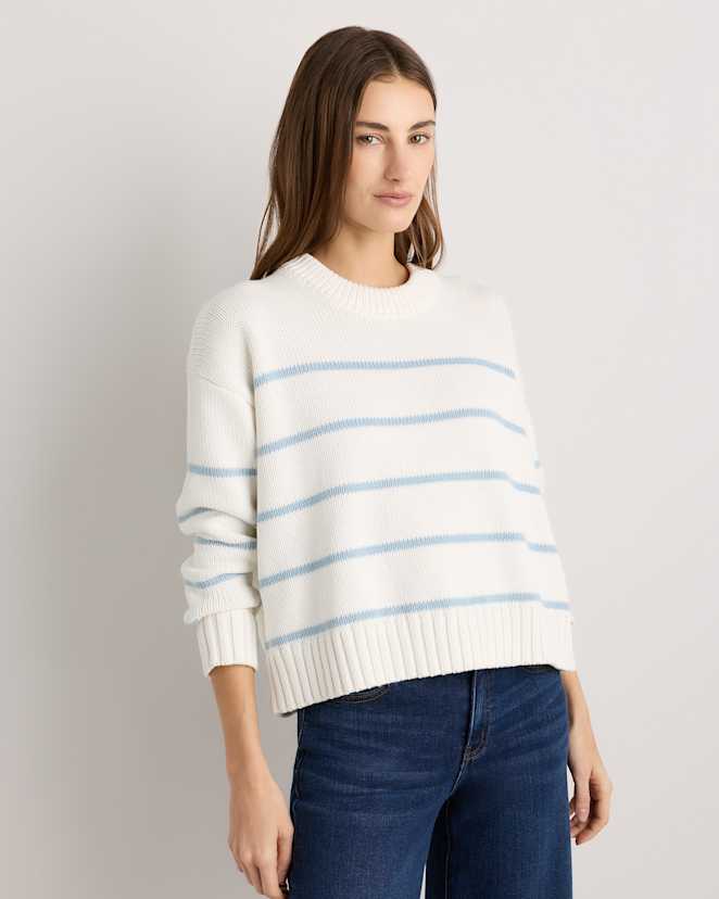 Ivory/Sky Blue Stripe 100% Organic Cotton Striped Crew Sweater