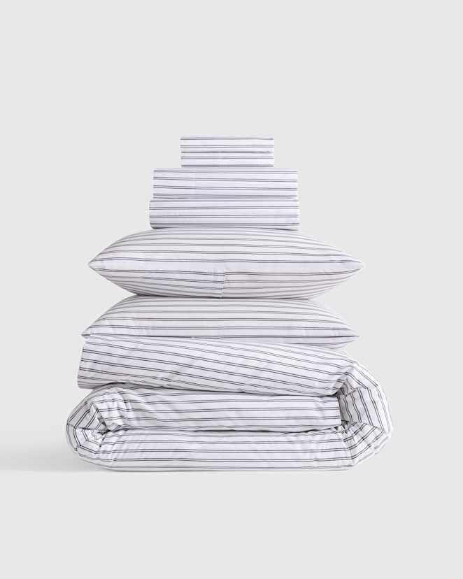 White/Navy Classic Organic Percale Double Stripe Deluxe Bedding Bundle