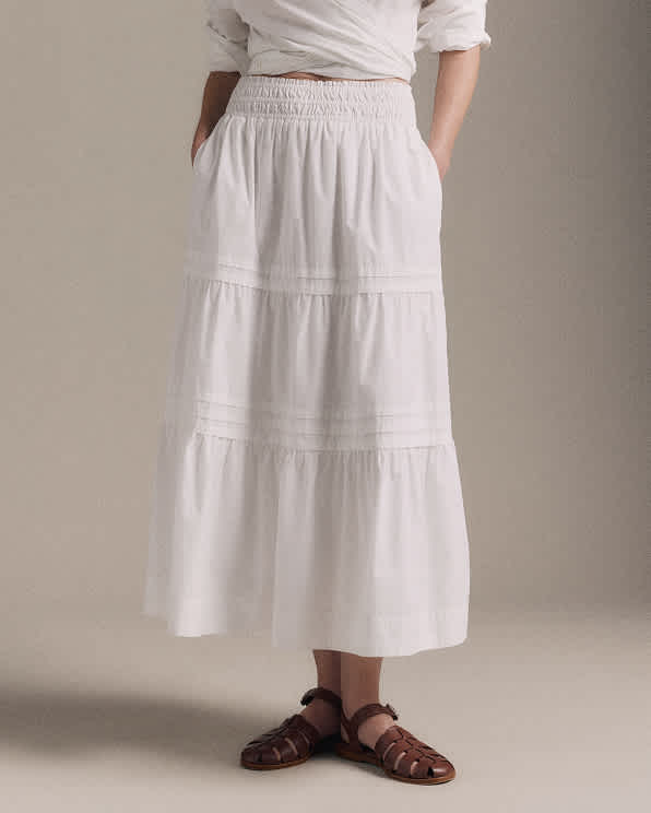 Classic White 100% Organic Cotton Poplin Tiered Maxi Skirt