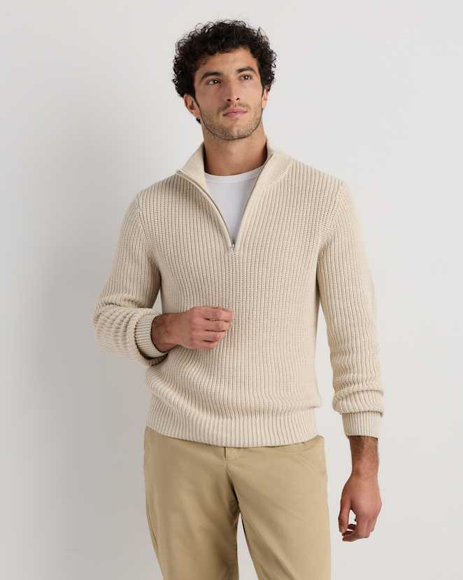 Speckled Beige 100% Organic Cotton Fisherman Quarter-Zip Sweater