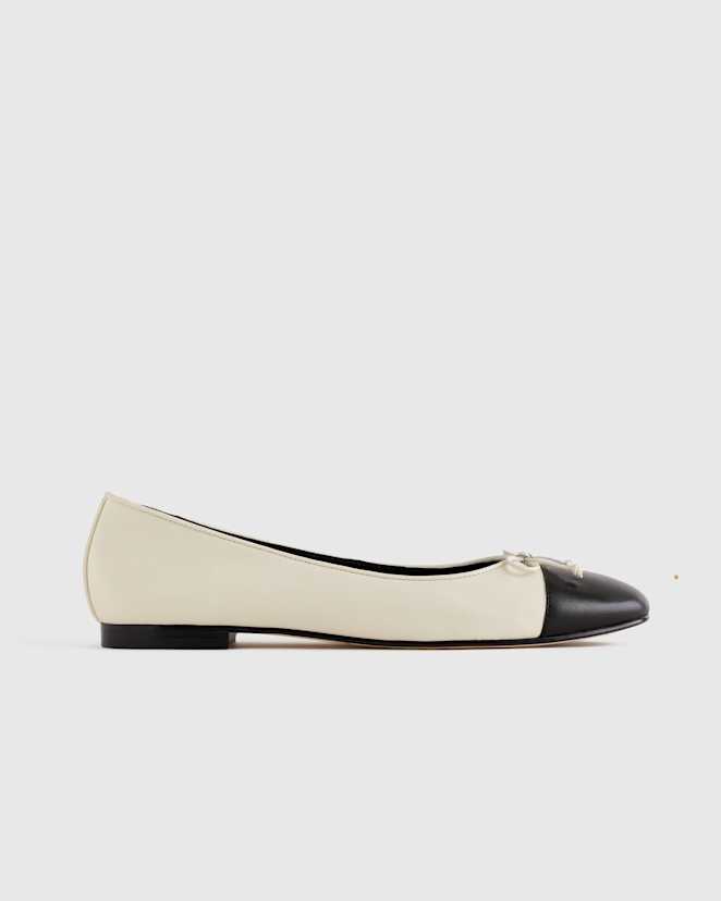 Bone/Black Italian Leather Cap-Toe Ballet Flat