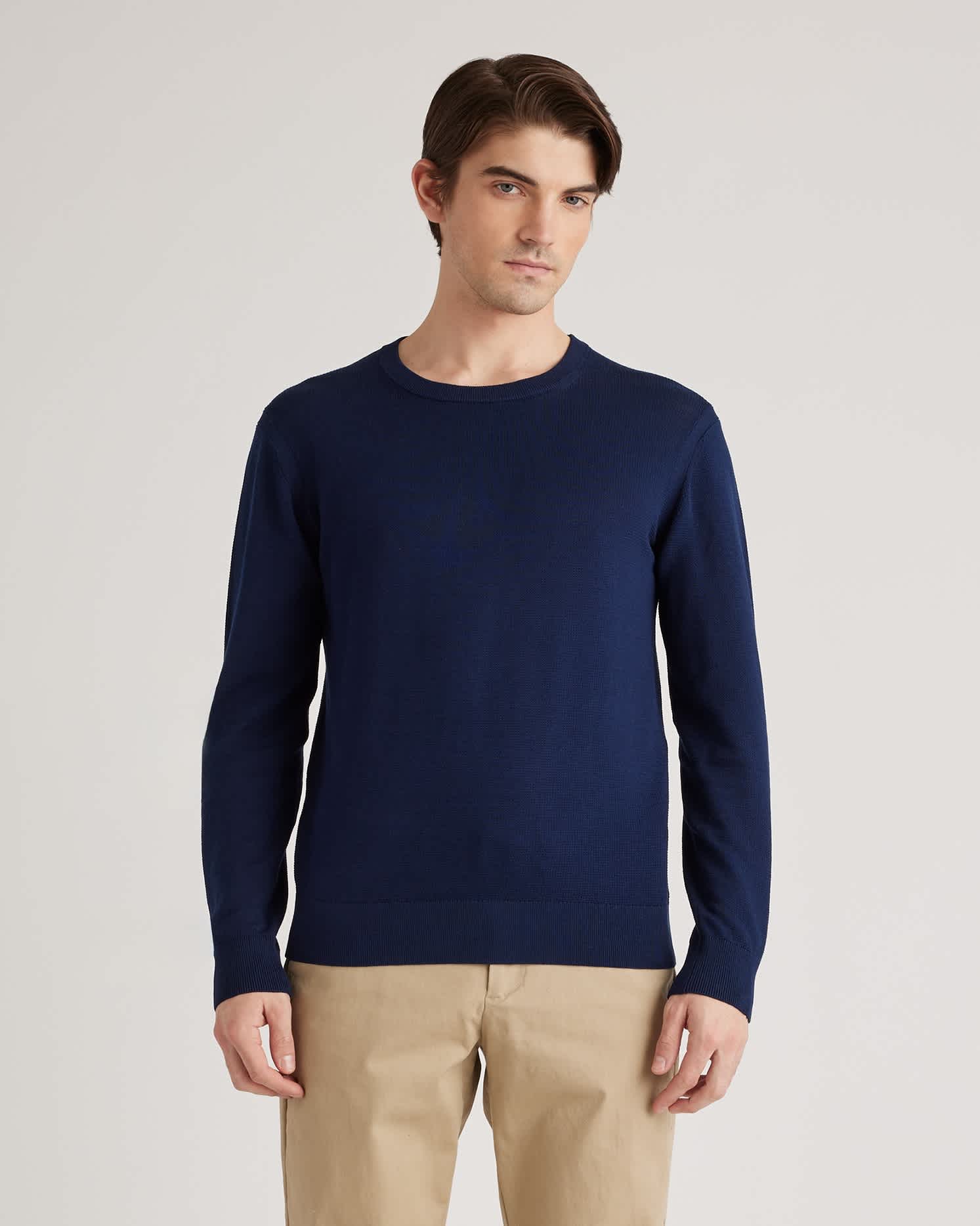 Navy Organic Cotton-Silk Pique Crewneck Sweater