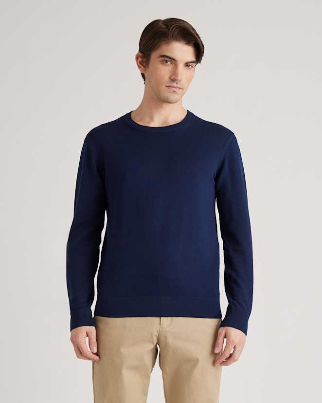 Navy Organic Cotton-Silk Pique Crewneck Sweater