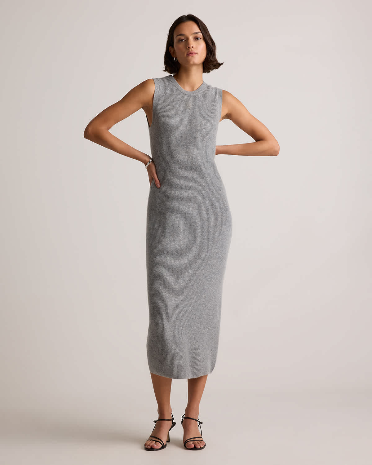 heather-grey Mongolian Cashmere Sleeveless Midi Sweater Dress