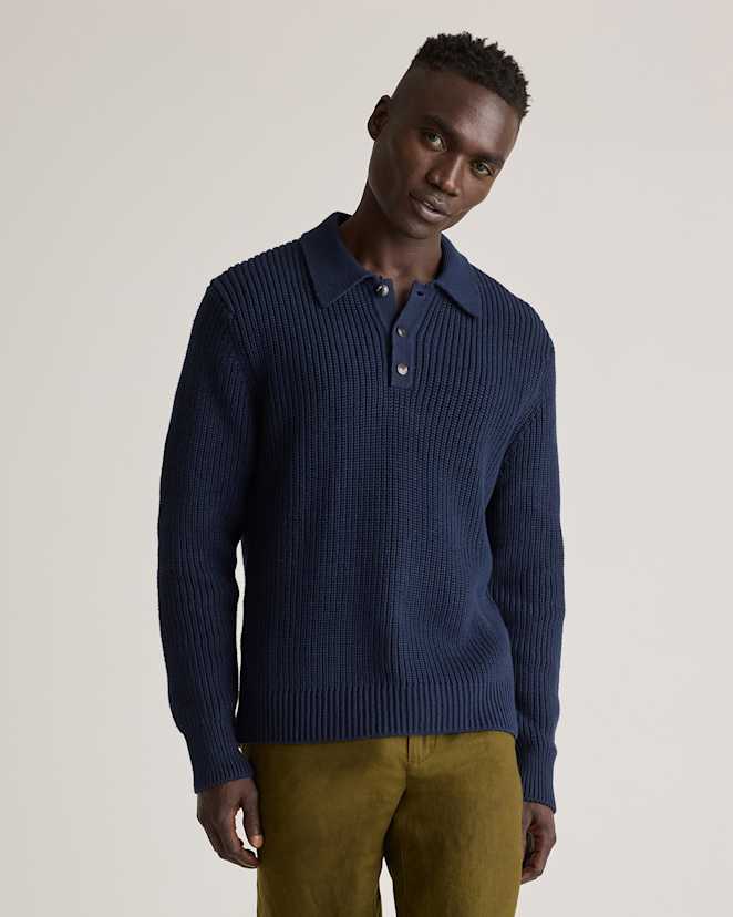 Navy 100% Organic Cotton Fisherman Polo Sweater