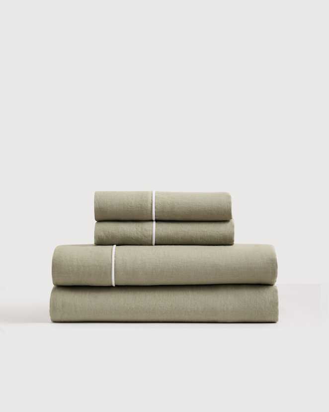 Willowleaf/White European Linen Piped Sheet Set
