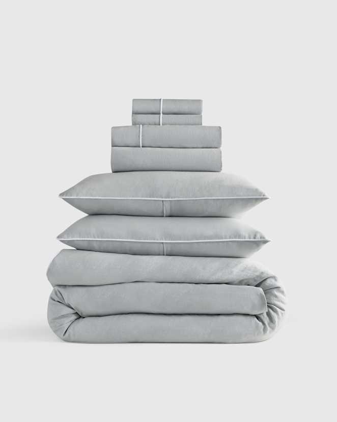 Mist/White European Linen Piped Deluxe Bedding Bundle