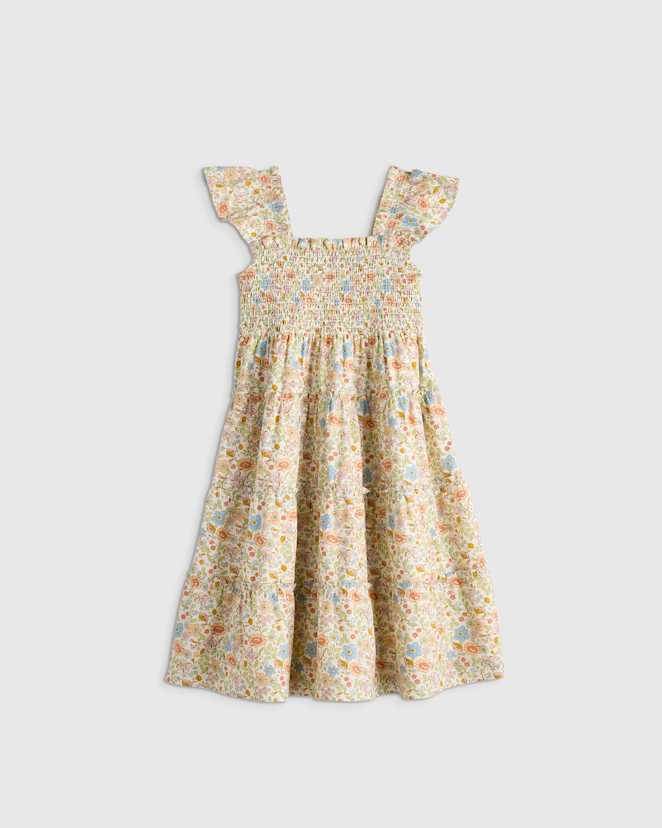 Apricot Ditsy Floral 100% Organic Cotton Poplin Smocked Dress
