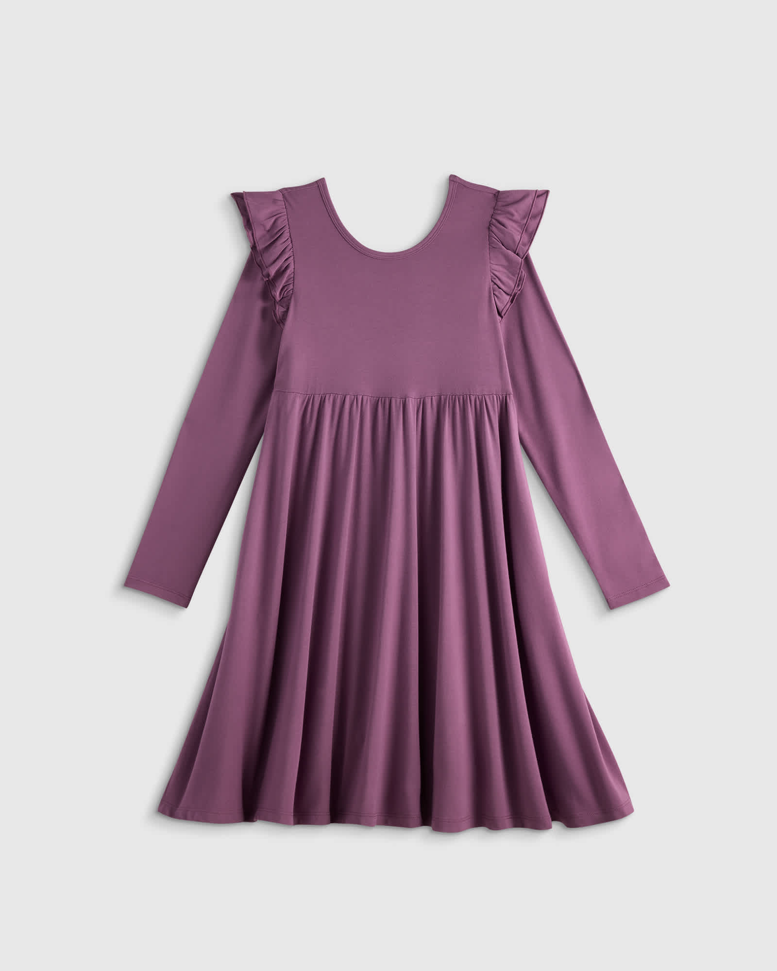 U--620-SGRPLM-11367 CROPPED sugar-plum Bamboo Long Sleeve Flutter Twirl Dress