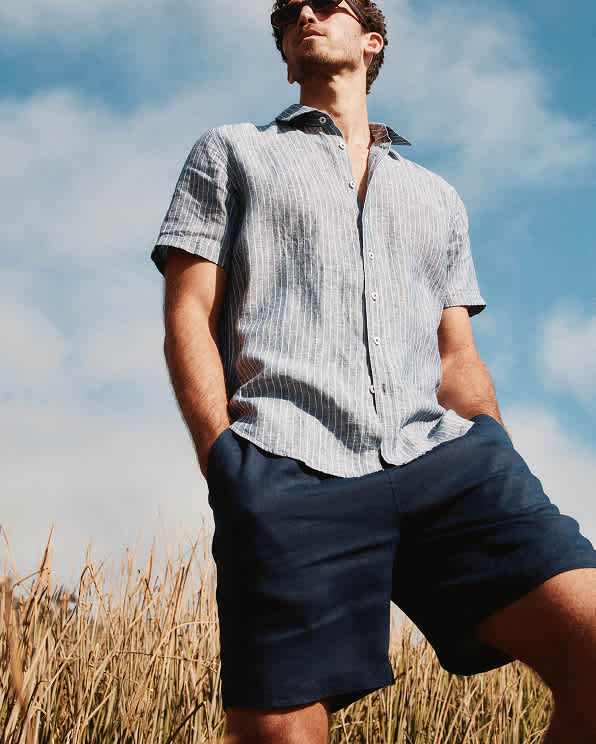 Martini Olive 100% European Linen Drawstring Beach Shorts - 7"