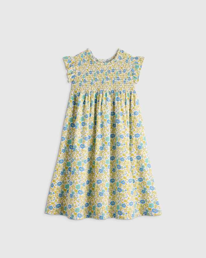 Blue Ditsy Floral 100% Organic Cotton Poplin Smocked Flutter Sleeve Dress