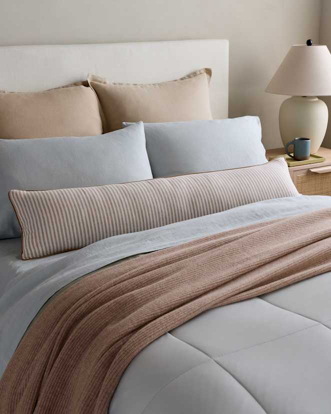 Latte/White Stripe Piped Linen Stripe Oversized Lumbar Pillow Cover