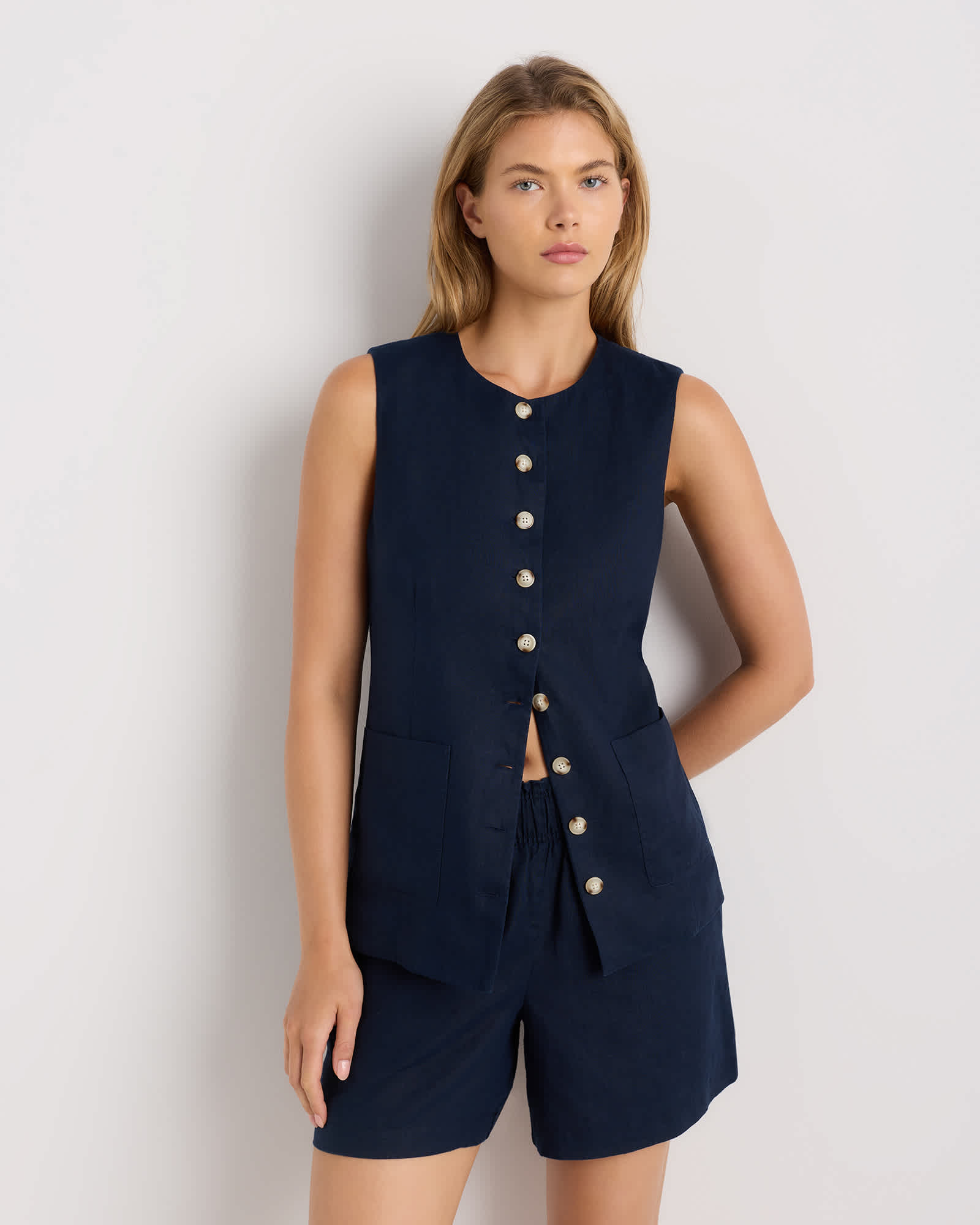 deep-navy 100% European Linen Longline Vest