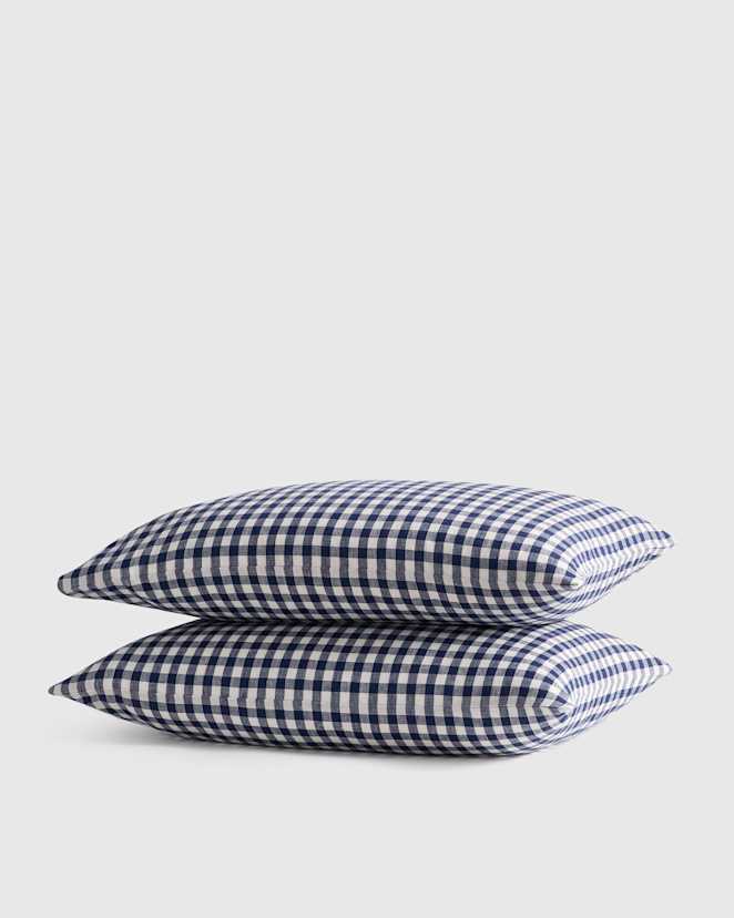 Navy European Linen Gingham Pillowcase Set