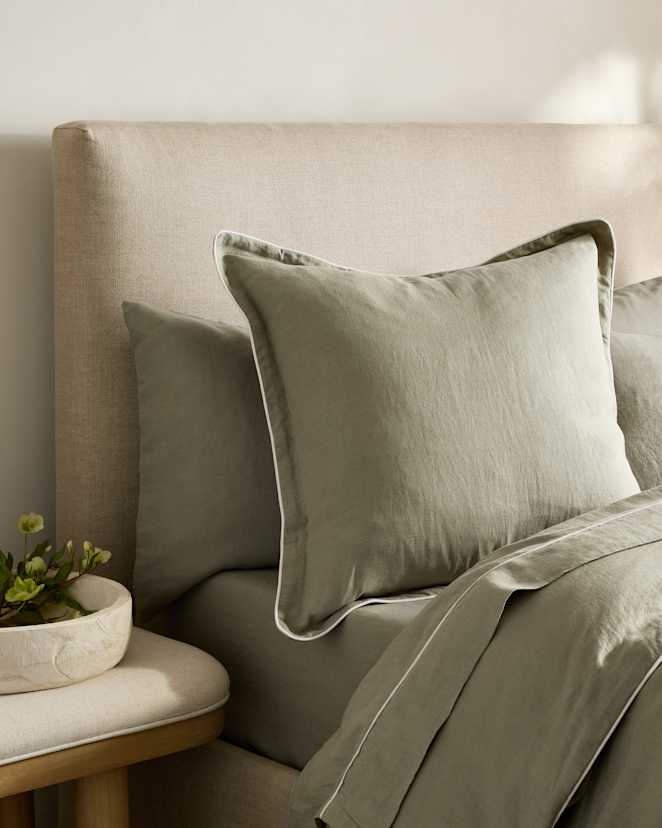 Willowleaf/White European Linen Piped Euro Sham