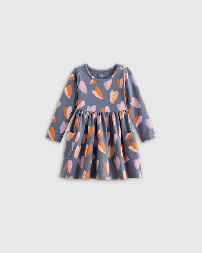Multi Hearts Organic Cotton Long Sleeve Fit and Flare Pocket Dress