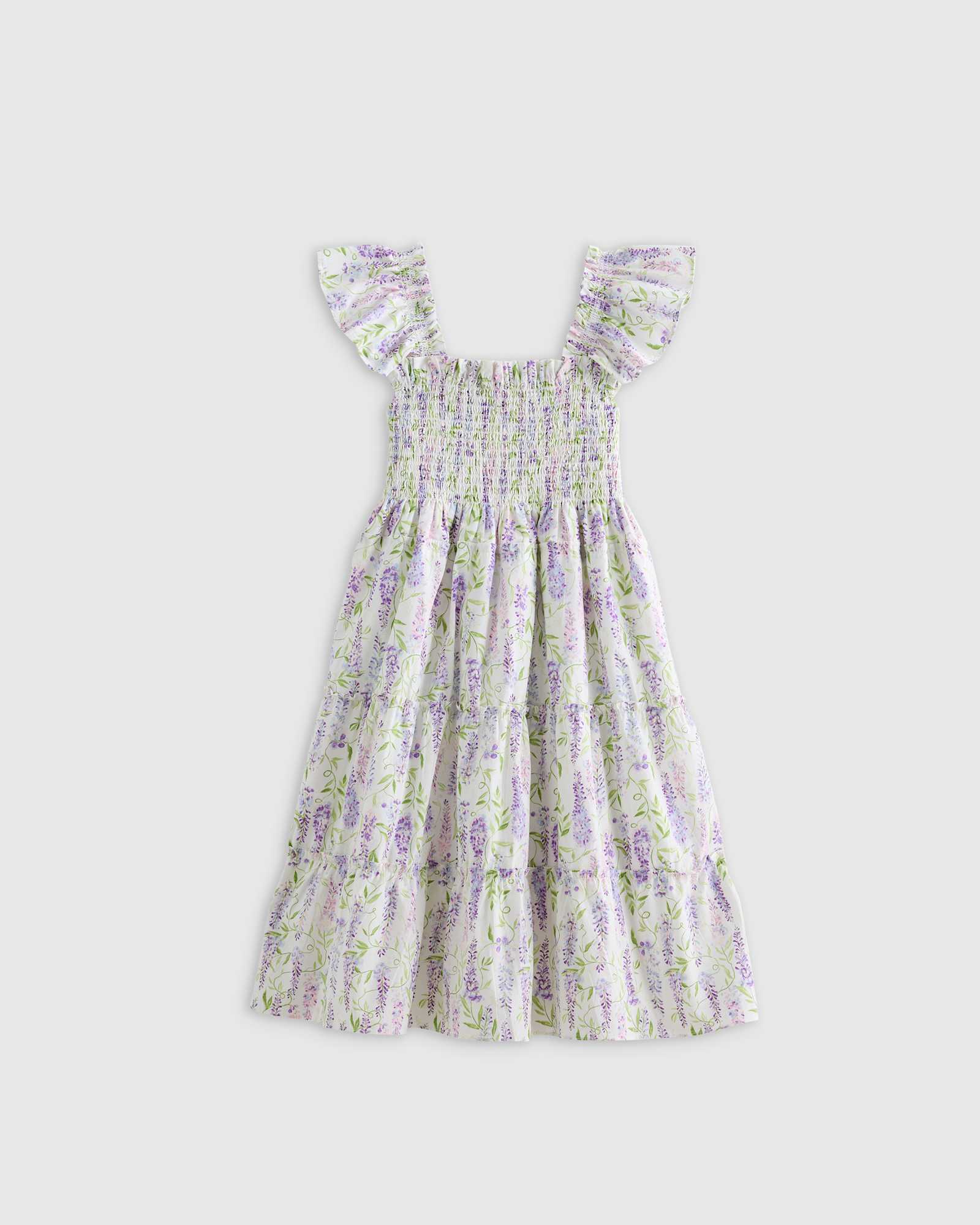 U 253 WISTERIA RETOUCHED wisteria-floral 100% Organic Cotton Poplin Smocked Dress
