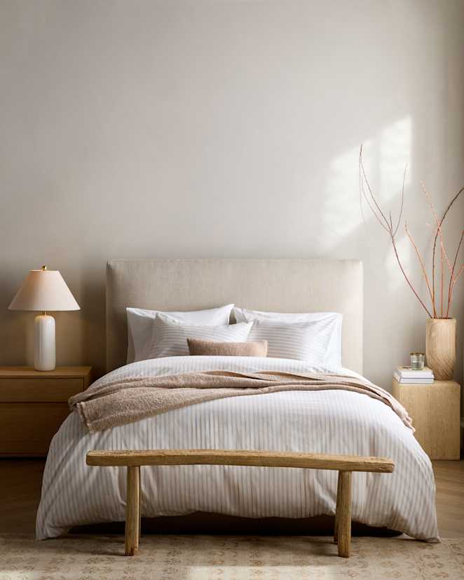 White/Toffee Organic Crisp Percale Double Stripe Duvet Cover Set