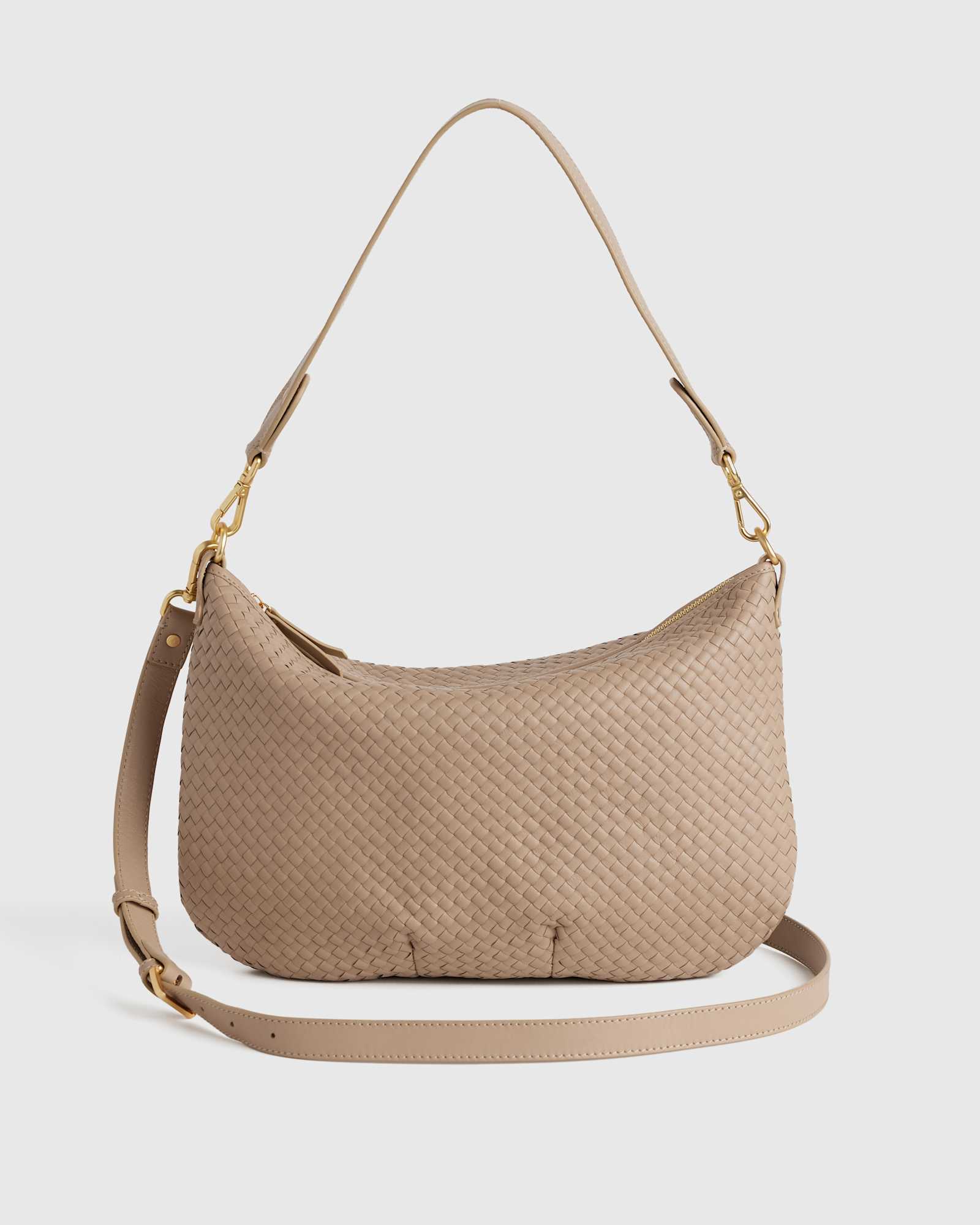 taupe Italian Leather Convertible Crescent Handwoven Shoulder Bag