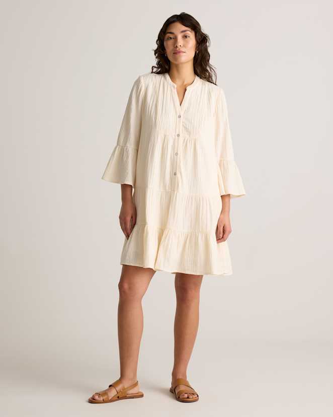 Vintage Cream 100% Organic Cotton Gauze Long Sleeve Tiered Mini Dress