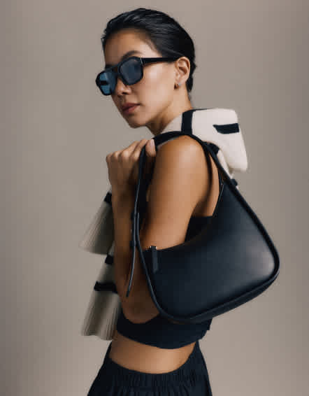 Black Italian Leather Asymmetrical Mini Shoulder Bag