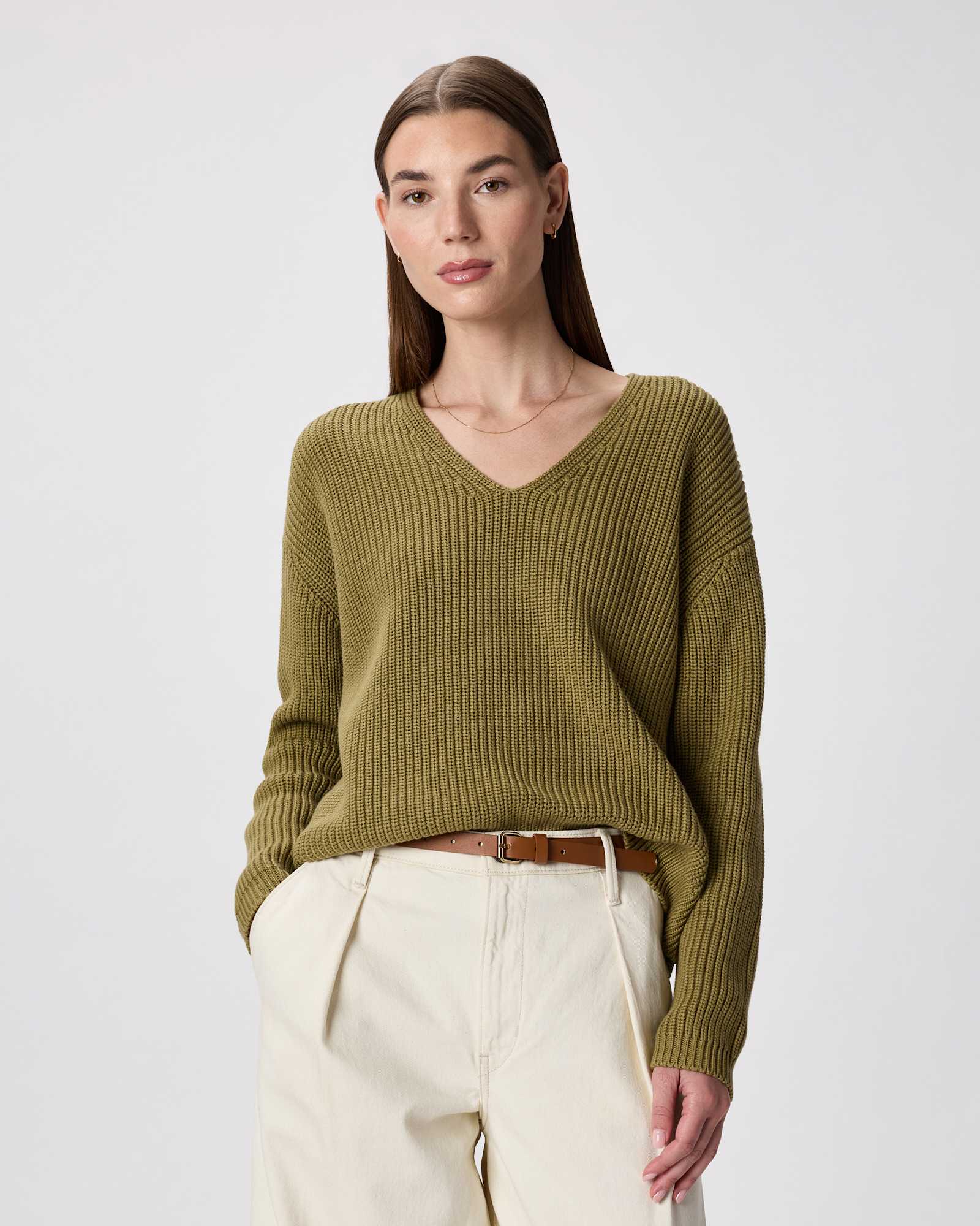 W-SWT-64-HRBGRN-01 EDITED Herb Green 100% Organic Cotton Fisherman V-Neck Sweater