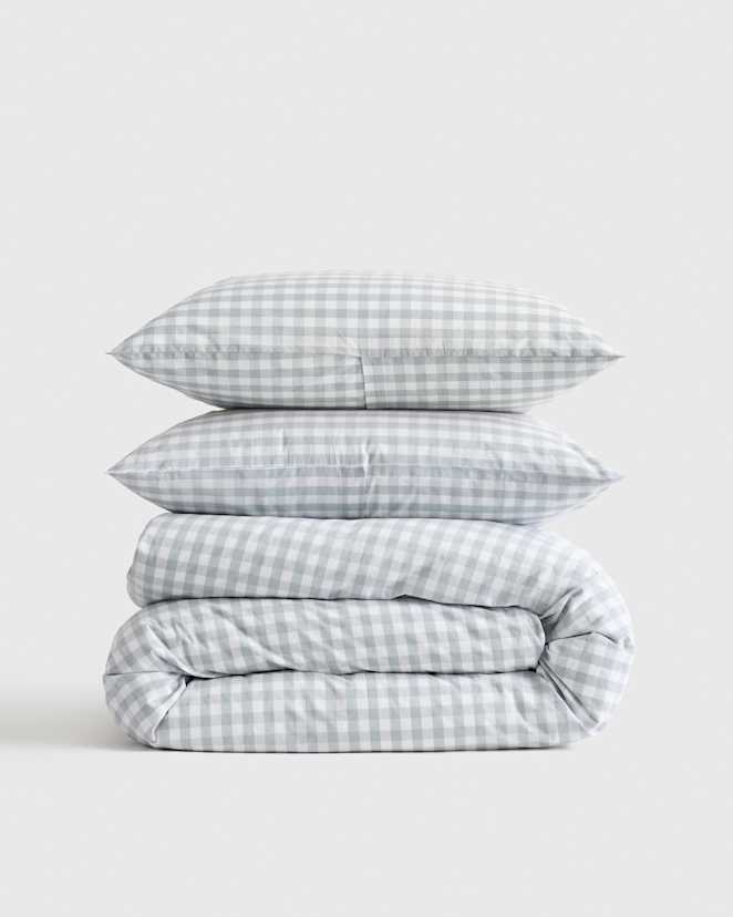 Blue Fog Classic Organic Percale Gingham Duvet Cover Set