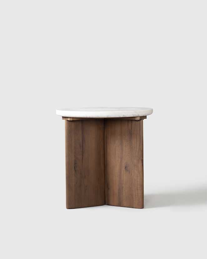 White/Ash Genuine Marble and Oak Pedestal End Table