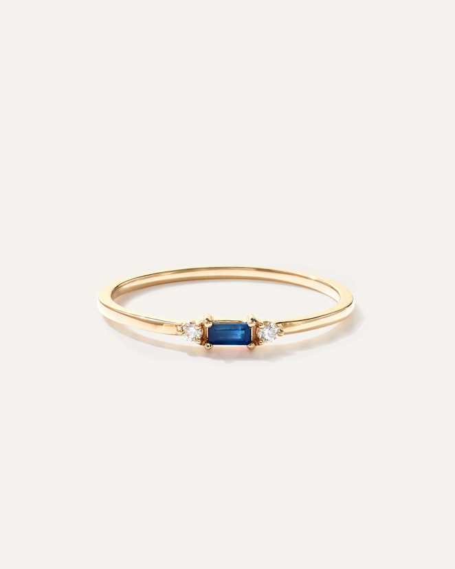 Blue Sapphire 14k Gold Baguette Gemstone with Diamonds Ring