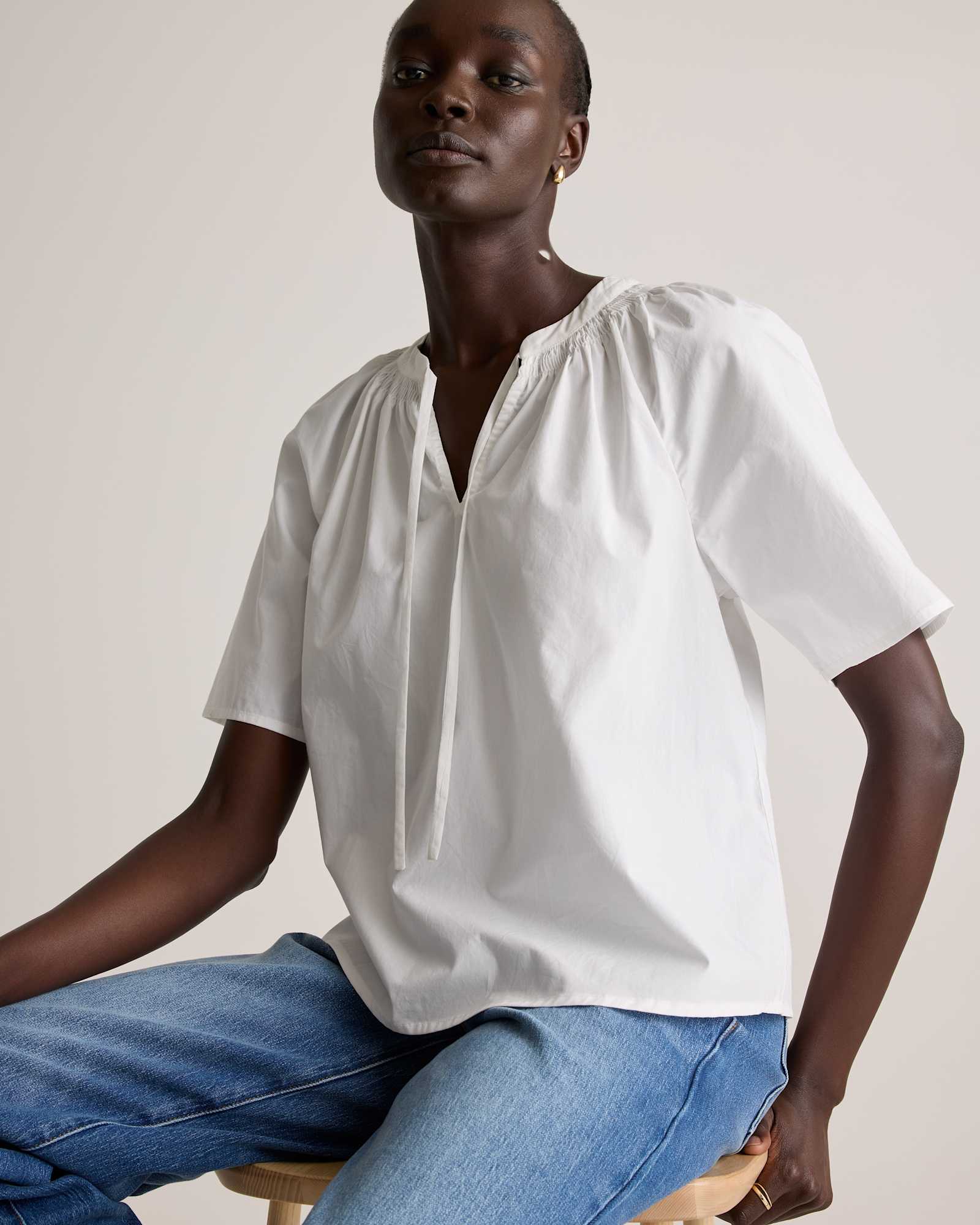 Classic White 100% Organic Cotton Poplin Split Neck Top