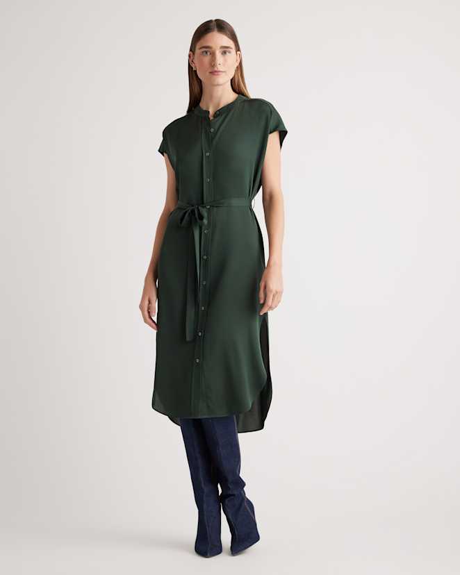 Forest Green Washable Stretch Silk Midi Shirt Dress