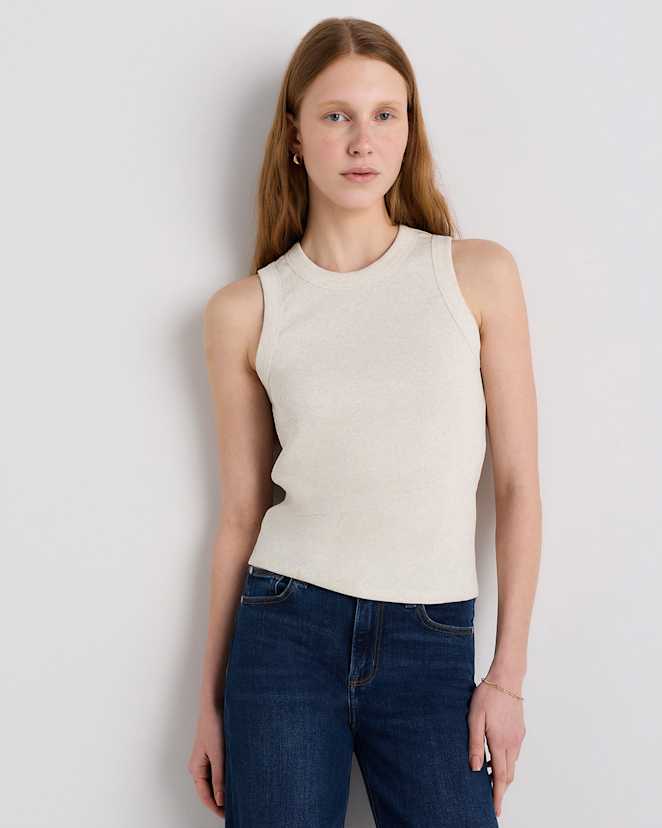 Heather Oatmeal Organic Cotton Micro-Rib Cropped Cutaway Tank