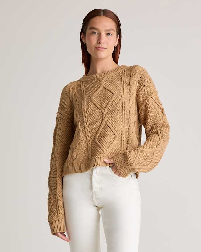 Camel 100% Organic Cotton Cropped Cable Crew Sweater