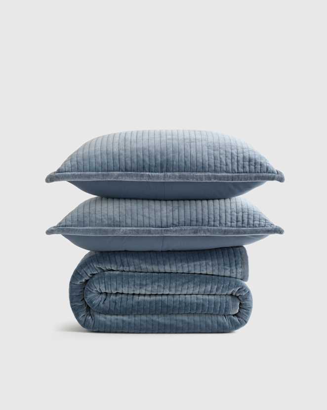 Glacier Blue Cotton Velvet Channel Quilt Set