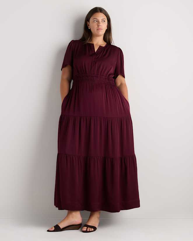 Wine Tasting Red Washable Stretch Silk Tiered Maxi Dress