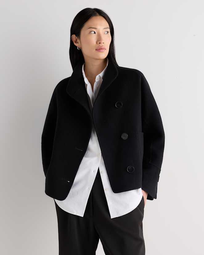 Black Double-Faced Merino Wool Funnel Neck Jacket