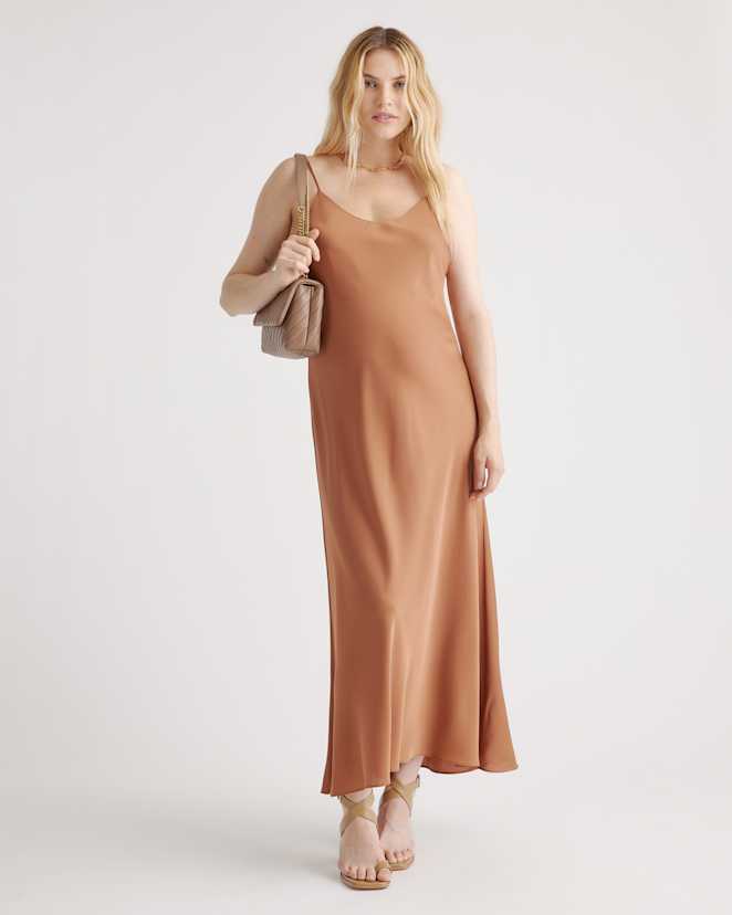 Copper Brown Washable Stretch Silk Maternity Slip Dress