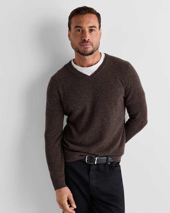 Heather Truffle Brown Mongolian Cashmere V-Neck Sweater