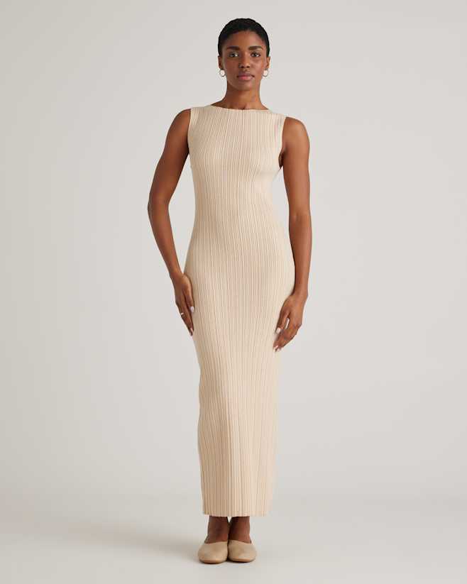 Heather Oatmeal Cotton Cashmere Ribbed Sleeveless Midi Dress
