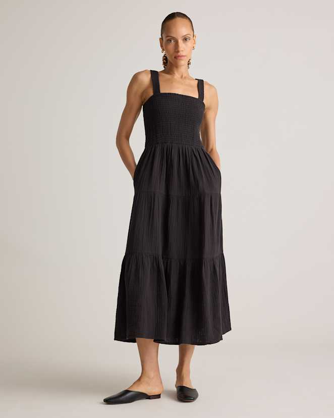 Black 100% Organic Cotton Gauze Smocked Sleeveless Maxi Dress