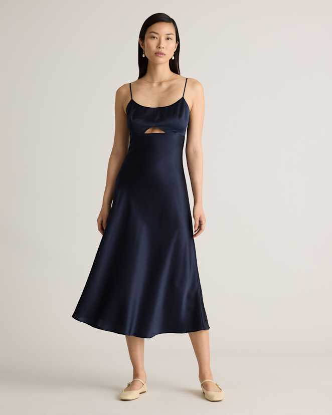 Navy 100% Washable Silk Cutout Midi Slip Dress