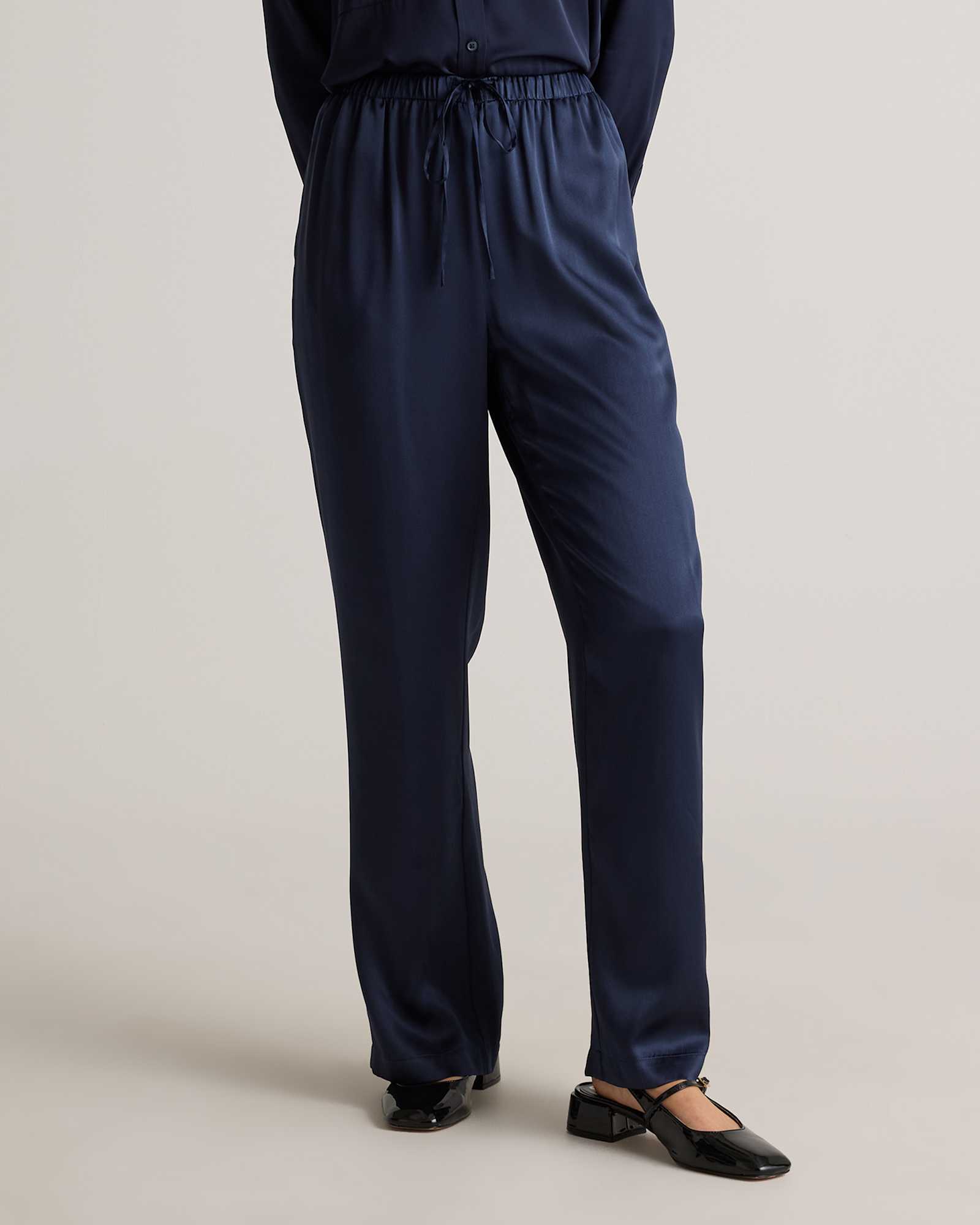 Navy 100% Washable Silk Drawstring Wide Leg Pants