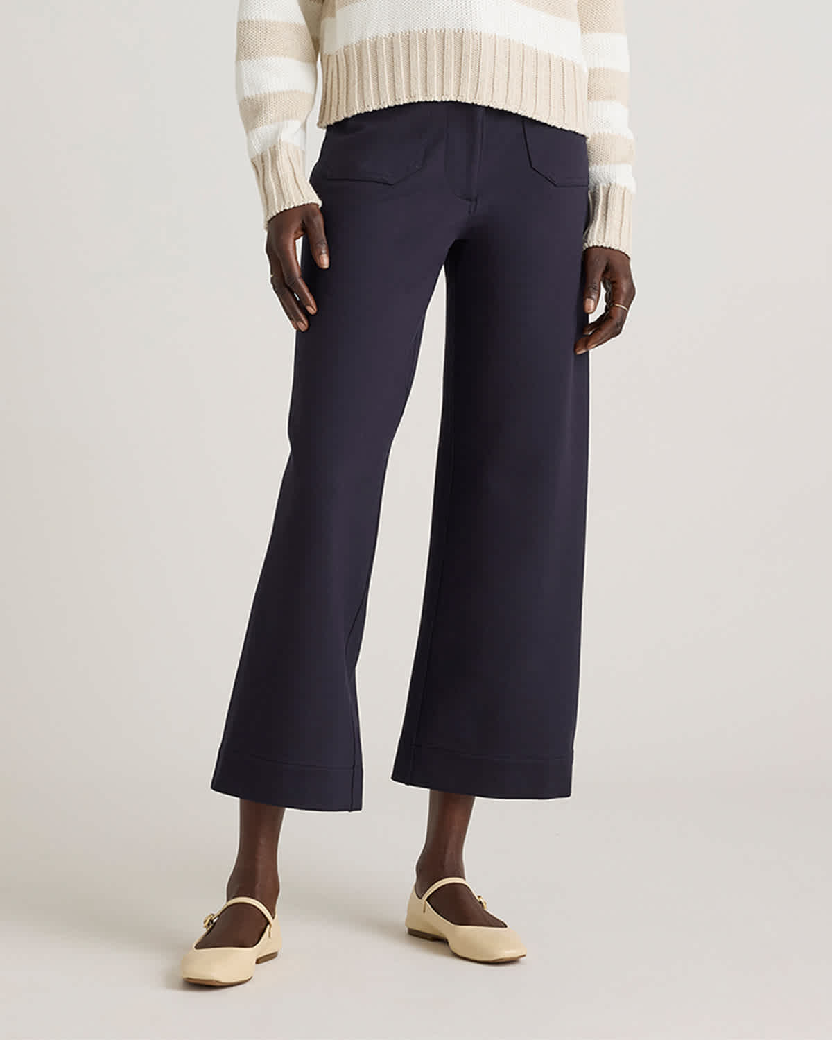 Navy Ultra-Stretch Ponte Cropped Wide Leg Pants